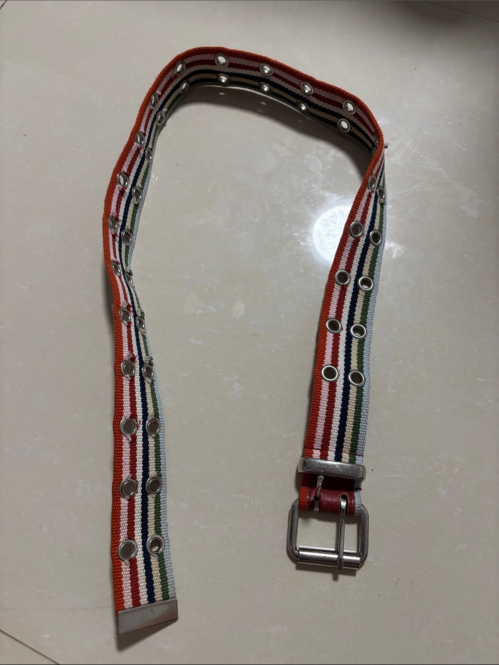 Y2K Striped Multicolor Canvas Belt with Silver Hardware